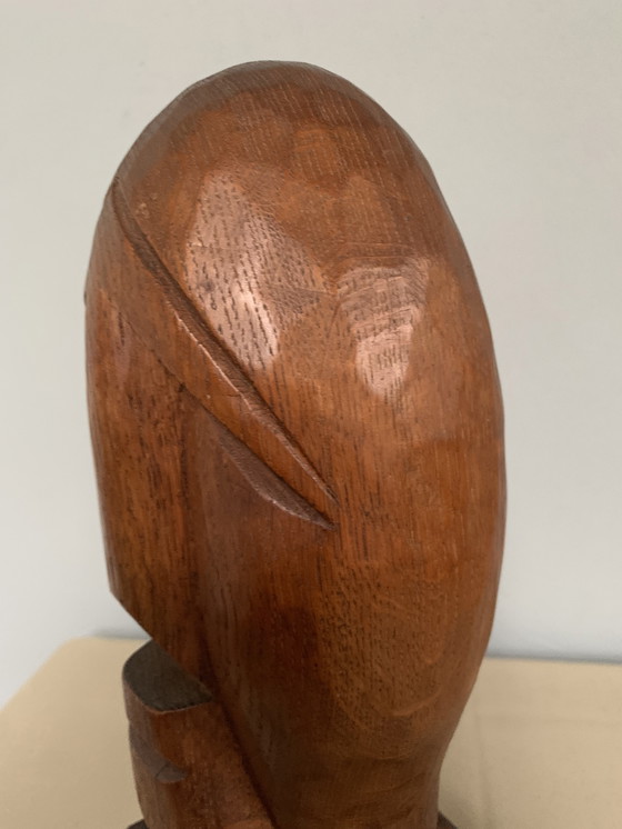Image 1 of Brutalist Houtsnijwerk Kop Buste Sculptuur Eiken Hout Jaren 70