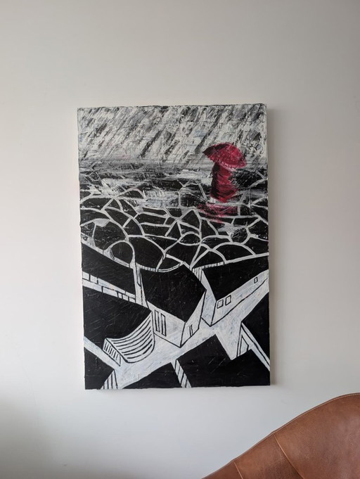Woman in red – schilderijen tekeningen, Canvas
