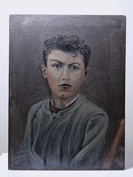Großes altes Porträt, Öl auf Leinwand, junger Mann in Schuljacke XIX-XX.