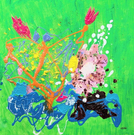 St Ives Abstract Sea and Garden Painting 3 Oil and Acrylic on Canvas Unframed 40x40cm Drip Oil Painting and Acrylic Pallet Knife