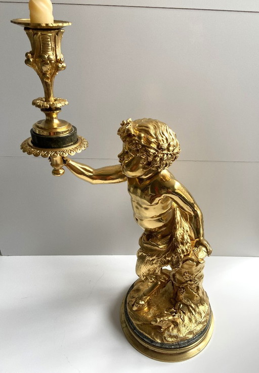 Atypische Skulptur Junger Satyr Fackelträger Bronze vergoldet nach Clodion Statue Kunst