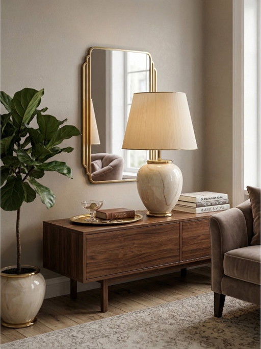 Grote vintage keramische lamp met beige onyx-effect en verguld messing – Hollywood Regency-stijl – 81 cm