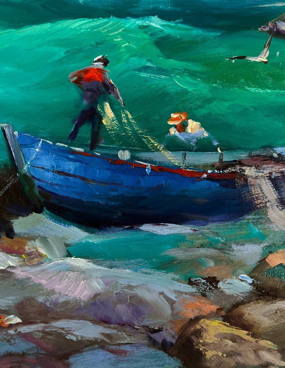 Image 1 of Original Oil Painting Coastal Waves Landscape Fishermen at sea