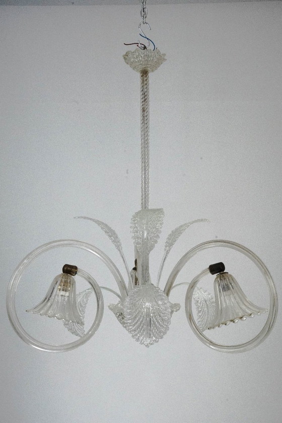 Image 1 of Art Deco Murano Glass Three-Arm Chandelier, Italy, 1940s