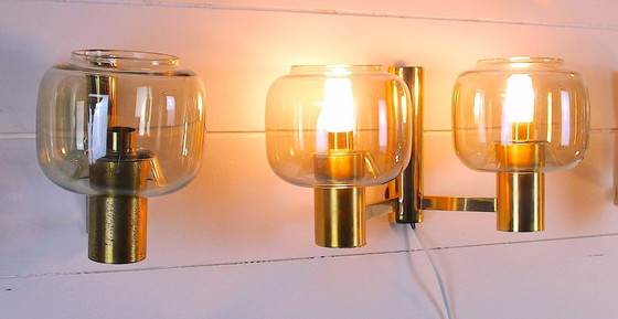 Image 1 of Coppia di applique scandinave in ottone con vetro fumé, dlg Hans-Agne Jakobssen