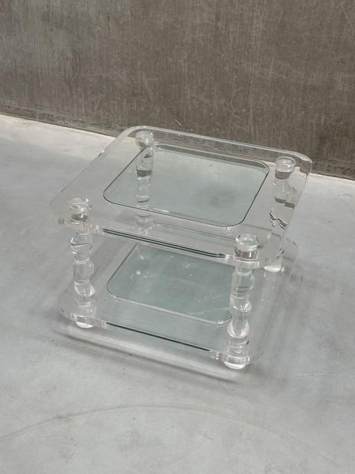 Table basse vintage en Lucite et verre – Design français des années 1970