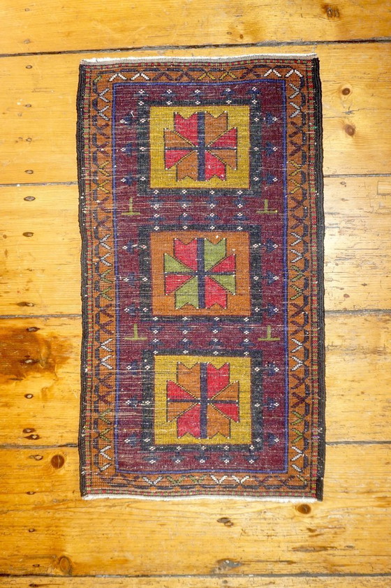 Image 1 of vintage tribal wool rug * afghan baluchi style carpet * geometric nomadic rug * small accent rug boho decor