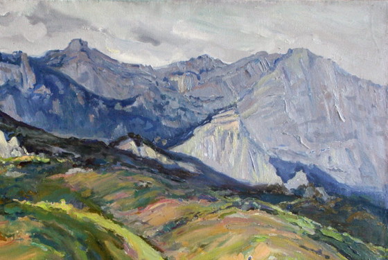Pintura al óleo original Paisaje Naturaleza Prados Rocas con Vistas a la Montaña – Pinturas y dibujos, Canvas (photo 3 of 5)