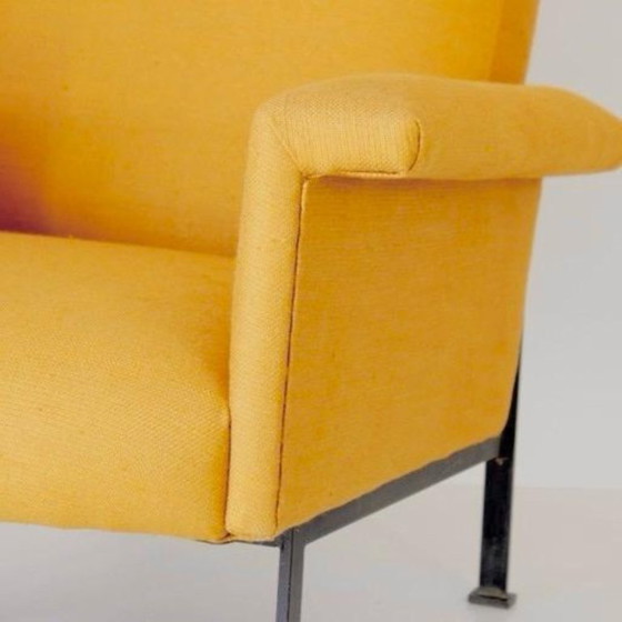 1x Eclectic Mid-Century Modern Sculptural Armchair in Mustard Yellow Fabric, Cotton, Iron (photo 7 of 11)