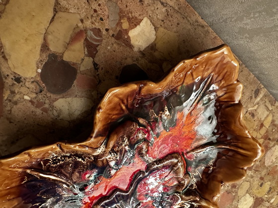 Image 1 of Vintage keramische fruitschaal of zaklepel Barbotine in blad toegeschreven aan Vallauris - 35/40 cm