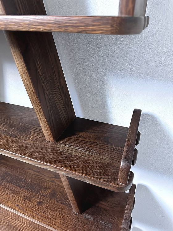 Image 1 of Vintage Brutalist oak pyramid bookcase / wall rack – Netherlands, 1970s