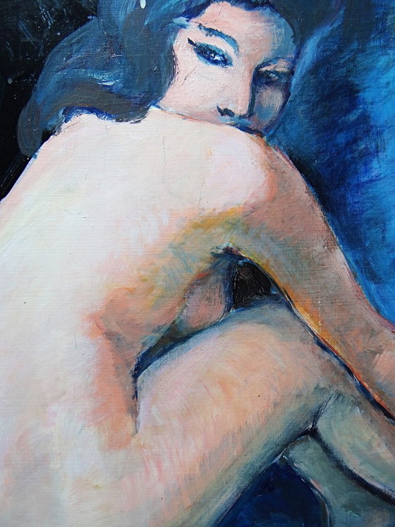 Image 1 of Large painting of a nude woman from behind, modern oil on panel, vintage style