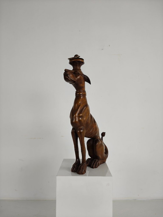 Image 1 of Hand-Carved Wooden Greyhound Statue – 20th Century