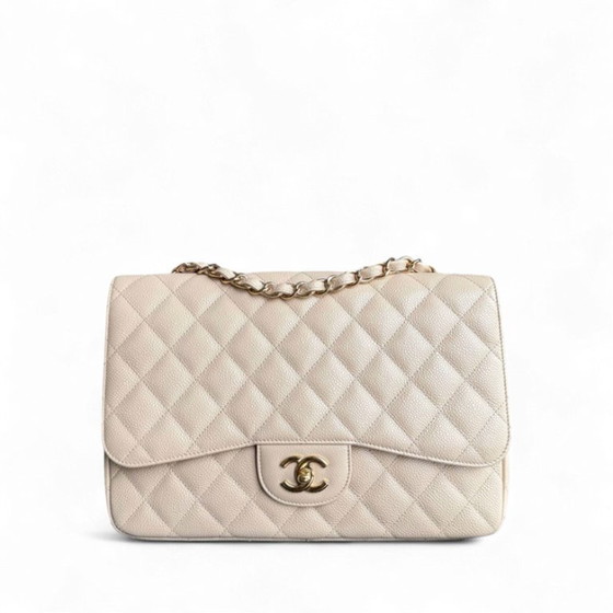 Image 1 of Chanel Classic Flap Jumbo - Caviar Quilted Grained Calfskin Lichtbeige Goudkleurige Hardware Serie 13