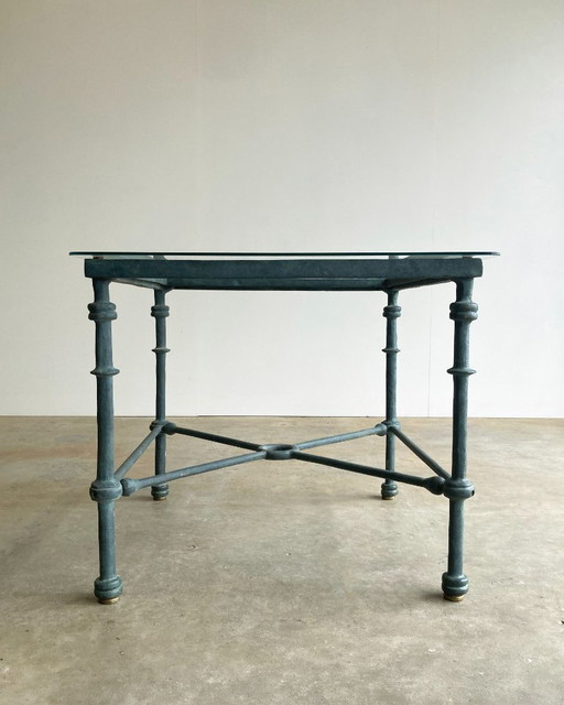 Vintage sculptural metal coffee table with a patina finish
