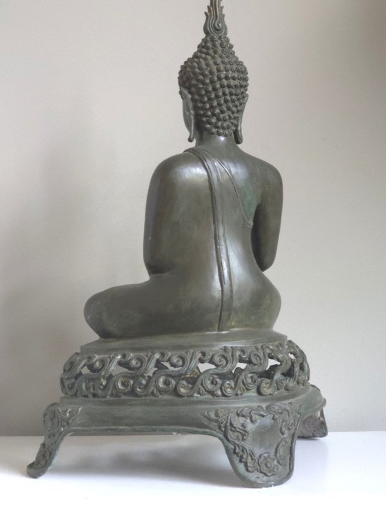 Antieke Bronzen Thaise Sukhothai Boeddha Akshobhya (47 cm) – Beeldhouwkunst (photo 9 of 14)