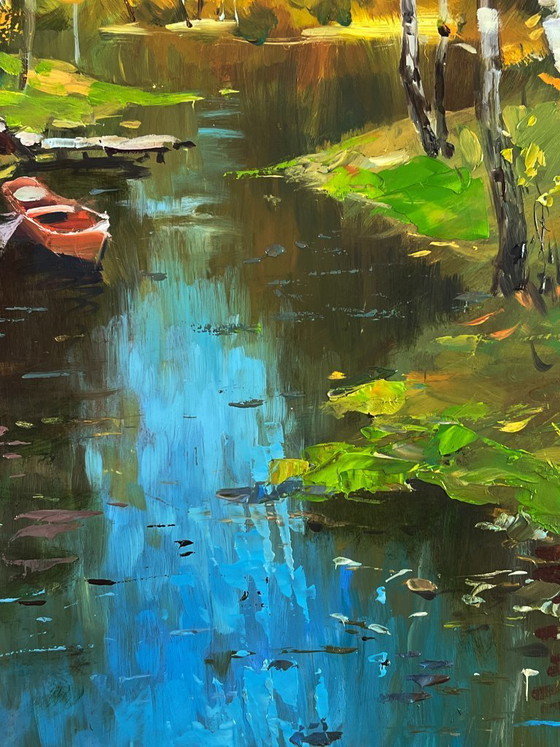 Image 1 of Peinture à l'huile originale, paysage naturel : une rivière dans la forêt d'automne