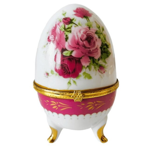 Vintage Schmuckkästchen in Eierform aus Porzellan, Limoges-Stil, florales Muster, goldenes Scharnier, 1980er Jahre