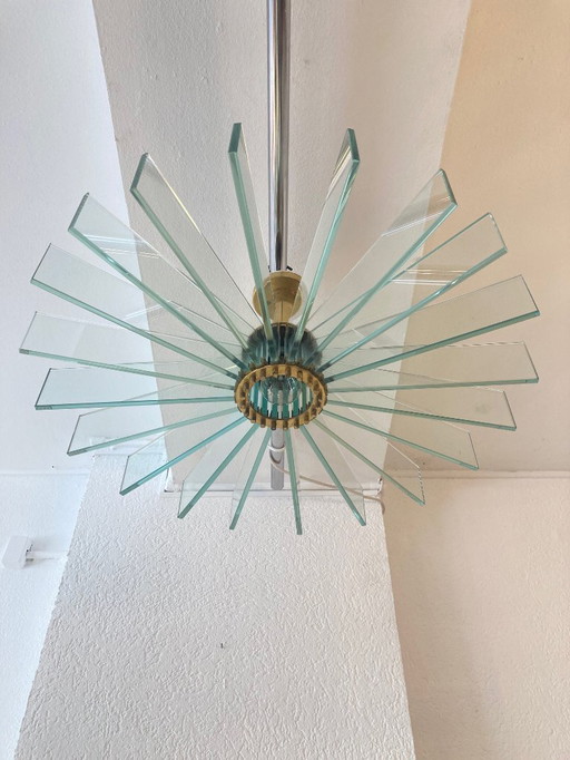 Verbazingwekkende grote messing en glazen inbouwlamp in de stijl van Fontana Arte ca. 1950s