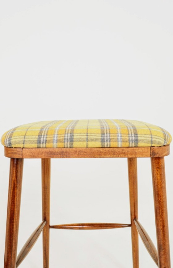 Image 1 of Mid century modern bar stools yellow tartan plaid wool rustic wood set of 3