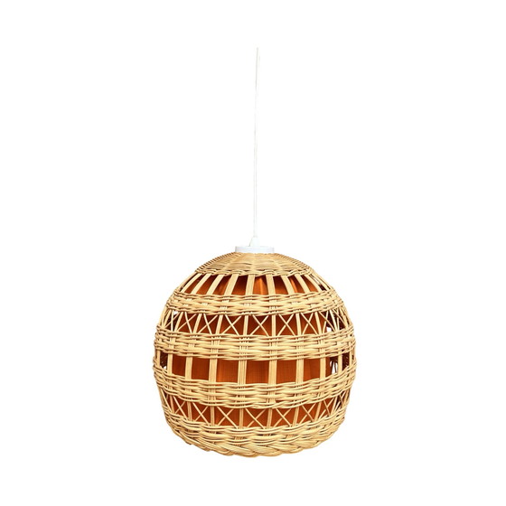 Image 1 of Ceiling lamp with wicker shade, Poland 1960s