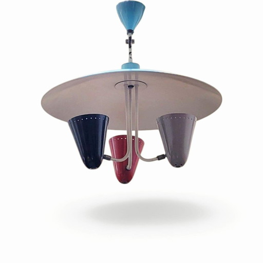 Suspension Hala iconique à 3 lumières, années 50, par Busquet