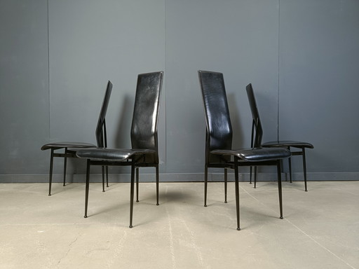 Chaises de salle à manger en cuir noir par Giancarlo Vegni pour Fasem, Italie, années 1980, ensemble de 4