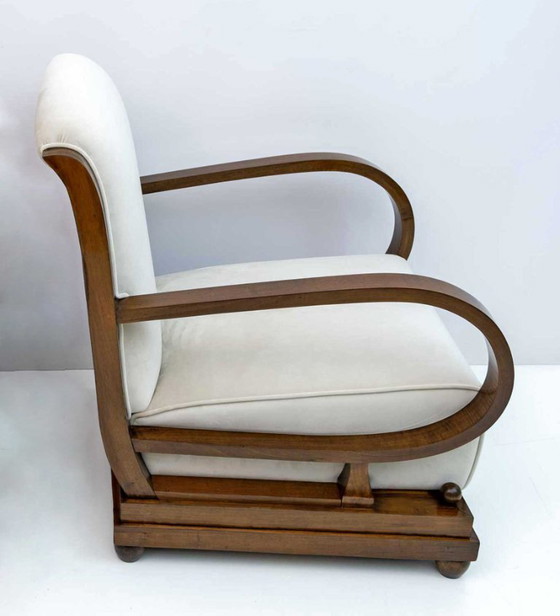 Image 1 of Paire de fauteuils et deux ottomans Art Déco en noyer et velours italiens, années 1920