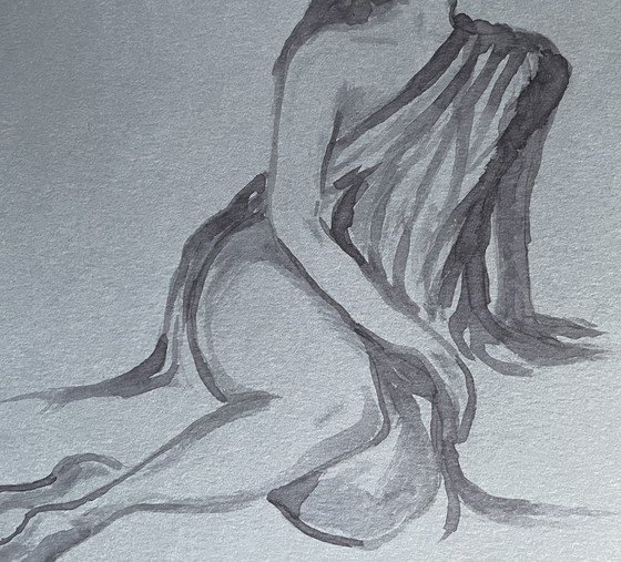 Image 1 of Aquarelle Monochrome sur Papier Denim - Portrait Féminin