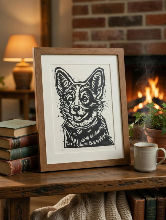 Image 1 of Linoleografia fatta a mano, ritratto di animale domestico, Corgi