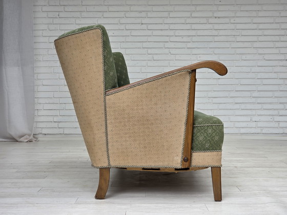 Image 1 of Años 50, sofá danés de 3 plazas, tejido de lana de mobiliario verde/beige, madera de roble.