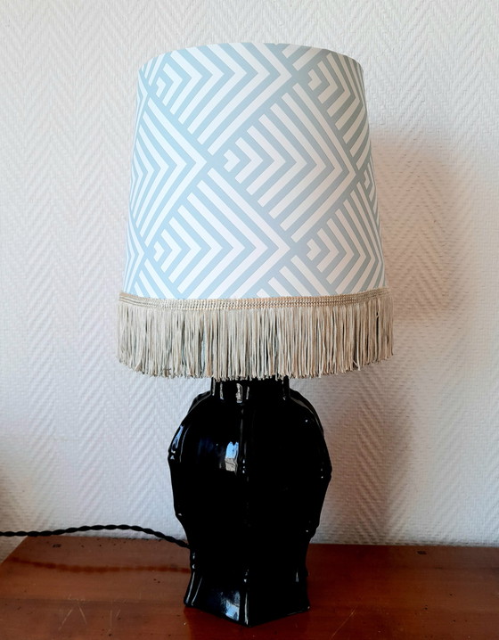 Image 1 of Ceramic Bamboo Lamp With Fringed Lampshade