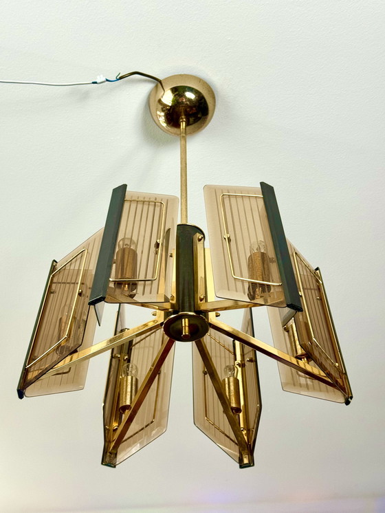Image 1 of Massive Vintage Design Brass Chandelier With Etched Glass