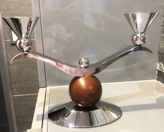Image 1 of Art Deco Memphis Doppelter Kerzenständer aus Silbermetall und Holz