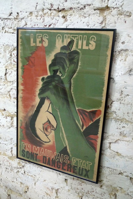 Framed Vintage Poster by Organisme Professionnel de Sécurité du Bâtiment et des Travaux Publics, 1940s