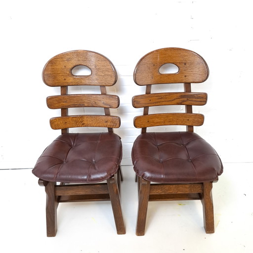 2x vintage brutalist fishbone stoel eiken stoel jaren 70