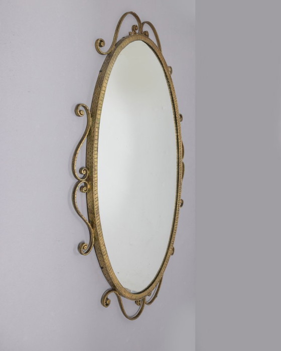 Image 1 of Vintage 1950s gold metal wall mirror designed by Pier Luigi Colli
