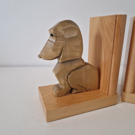 Image 1 of Set di fermalibri vintage a forma di bassotto, fermalibri in legno anni '60, bassotto