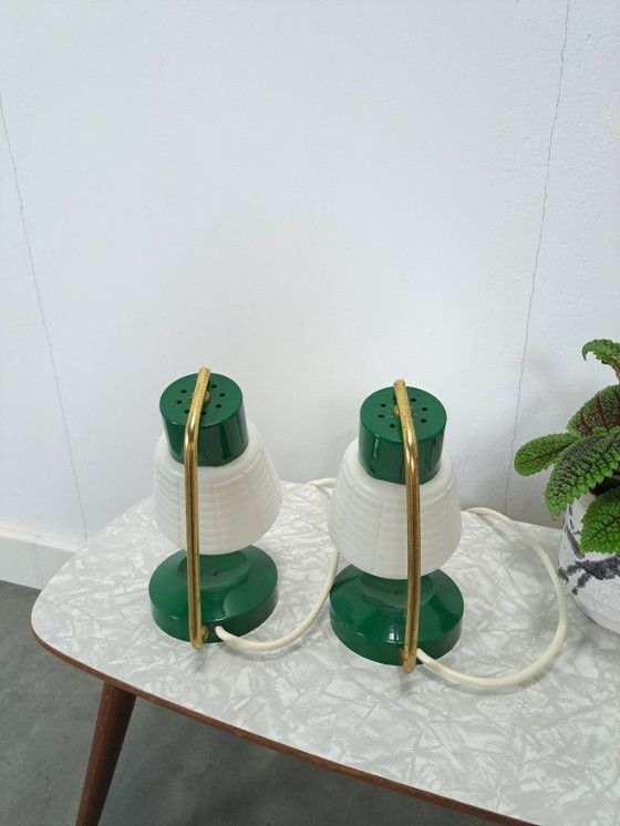 Image 1 of Mid Century set of 2 groene kunststof lamp, nachtlamp, tafellamp