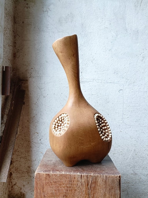 Large Vase/Bottle in Carved Solid Oak