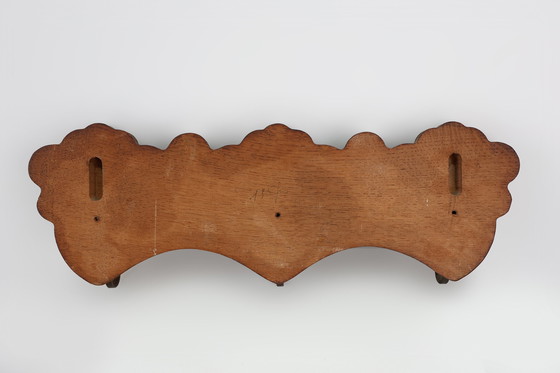 Image 1 of Antique Carved oak Wall mount coat rack with 3 brass angel hooks, France 1900s