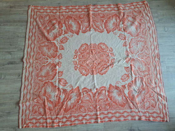 Image 1 of Vintage Wollen Bloemenplaid – Dubbelzijdig – Warm Rood met Crème – 174×191 cm