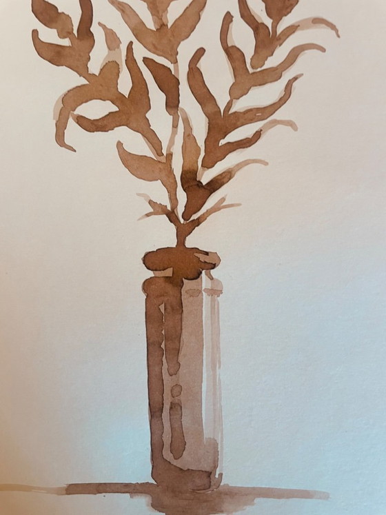 Image 1 of Painting, monochrome sepia still life "dried flowers", signed