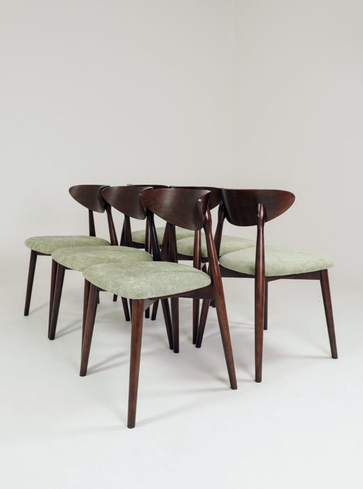 Moderne set van 6 eetkamerstoelen, Sage Farbic en donker walnoot beukenhout