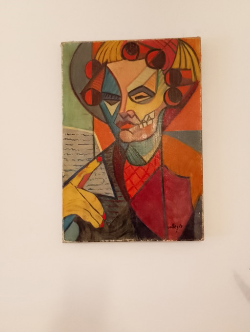 Neo-Cubist oil portrait on canvas, signed Calezis, Provençal school, Aubagne, Marseille, France, 1970