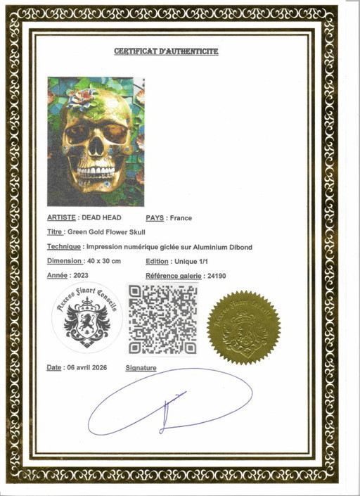 CABEZA MUERTA - Calavera de flores verdes y doradas - Impresión giclée sobre placa de aluminio