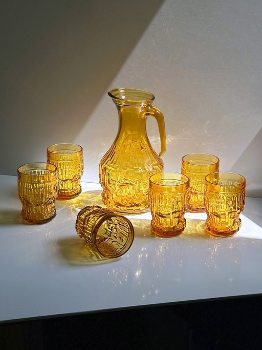 Italian glass carafe set drinking glasses yellow 1970s jug juice carafe water carafe 1970 70s 70s Brutalist 1960 60s