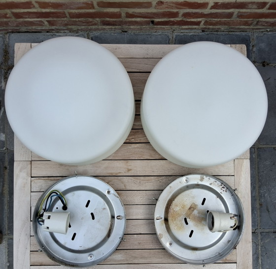 Image 1 of 2 Vintage Bauhaus-style ceiling lamps, matte white opaline glass shade