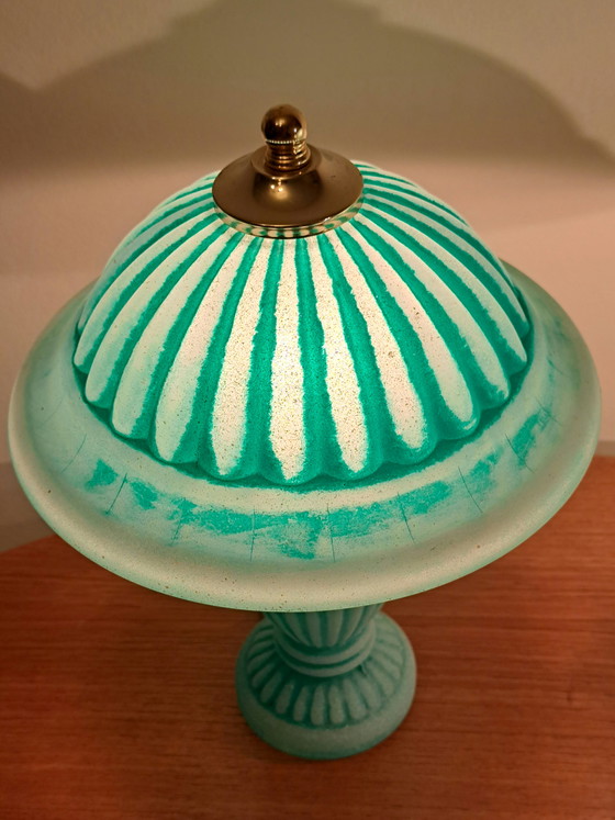 Image 1 of 🔵🟡 2 Vintage Glass & Brass Table Lamps – Turquoise – Excellent Condition