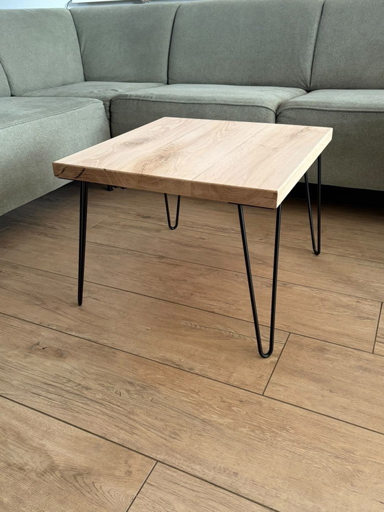 Oak coffee table with hairpin legs, Wood, Metal, Brown, Modern (photo 2 of 5)
